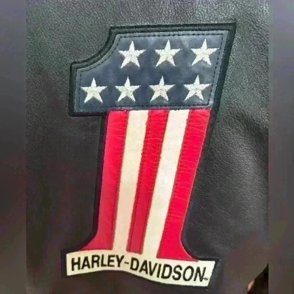 HARLEY- DAVIDSON WOMENS BLACK LEATHER #1 BIKER FLAG EMBLEM RARE JACKET SIZE MED - Picture 7 of 15